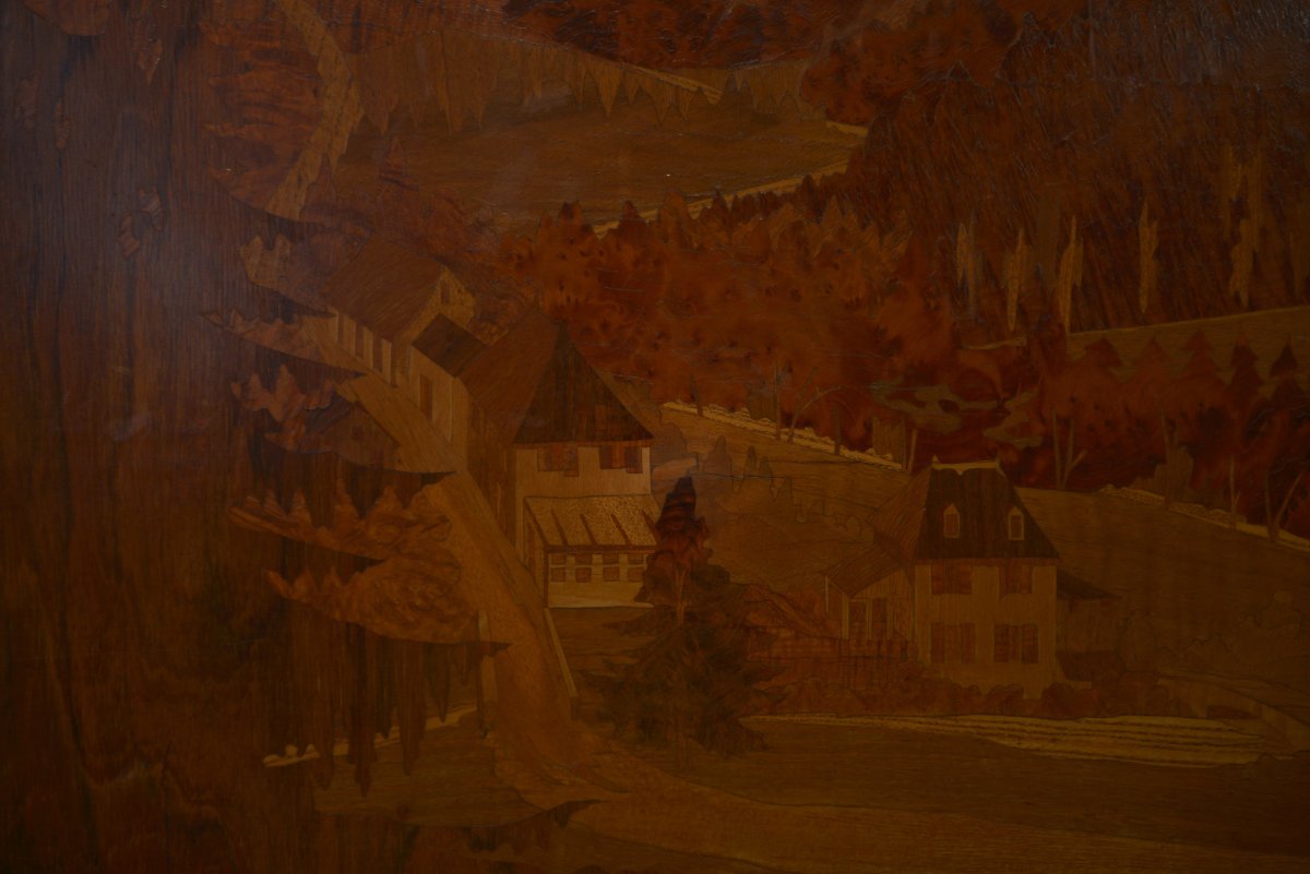 Wooden Marquetry Painting With Mounting Decoration Signed Pierre Rosenau Mid-20th Century-photo-2
