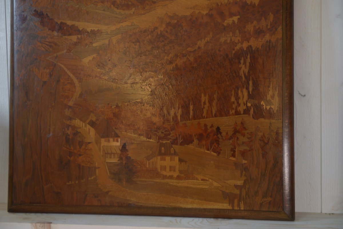 Wooden Marquetry Painting With Mounting Decoration Signed Pierre Rosenau Mid-20th Century-photo-3