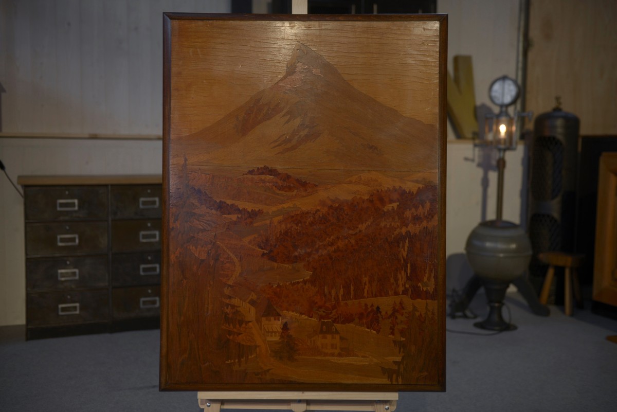 Wooden Marquetry Painting With Mounting Decoration Signed Pierre Rosenau Mid-20th Century