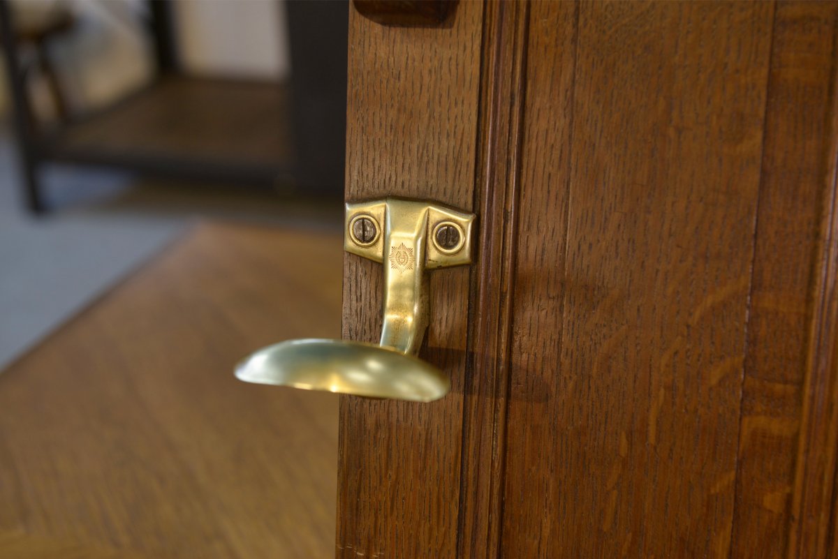 Solid Oak Coat Rack And 2 Brass Hooks, Art Deco 1930s-photo-1
