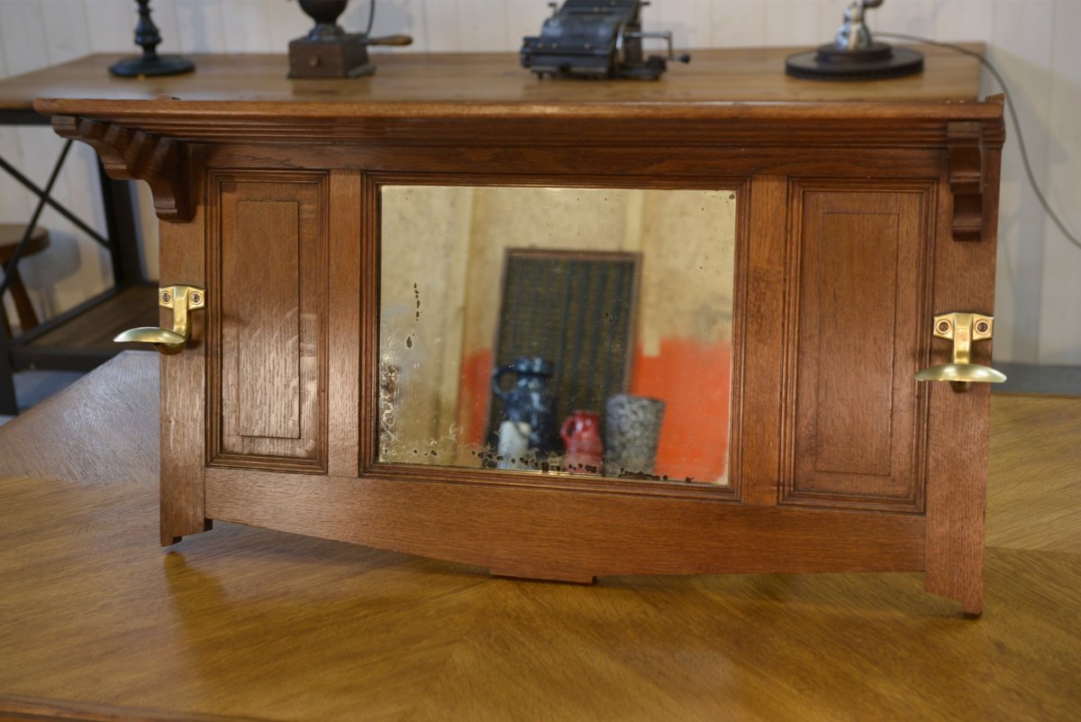 Solid Oak Coat Rack And 2 Brass Hooks, Art Deco 1930s-photo-3