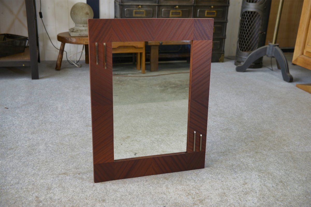 Miroir moderniste en placage d'acajou 1950's-photo-3