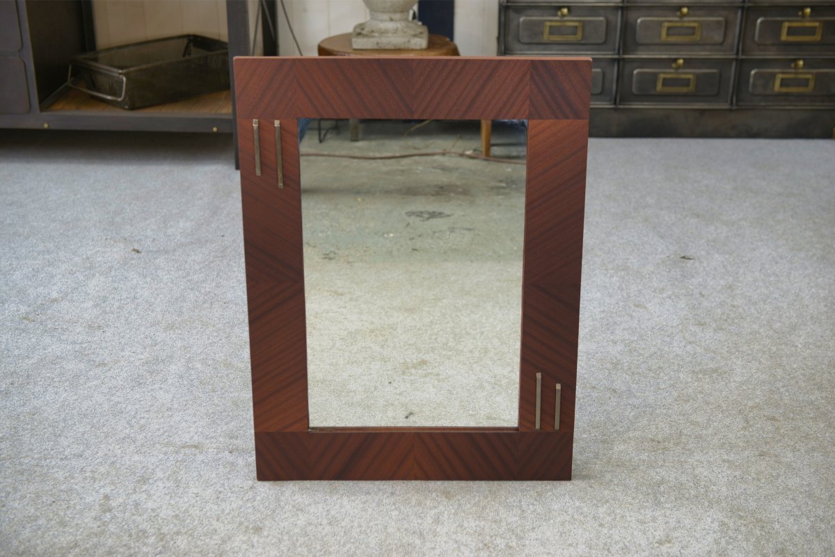 Miroir moderniste en placage d'acajou 1950's-photo-1