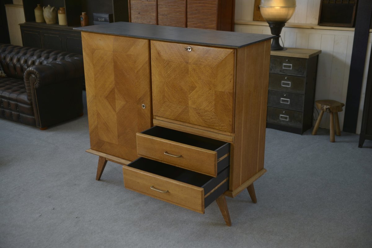 Buffet secrétaire en chêne avec un plateau cuir et pieds compas 1960's-photo-3