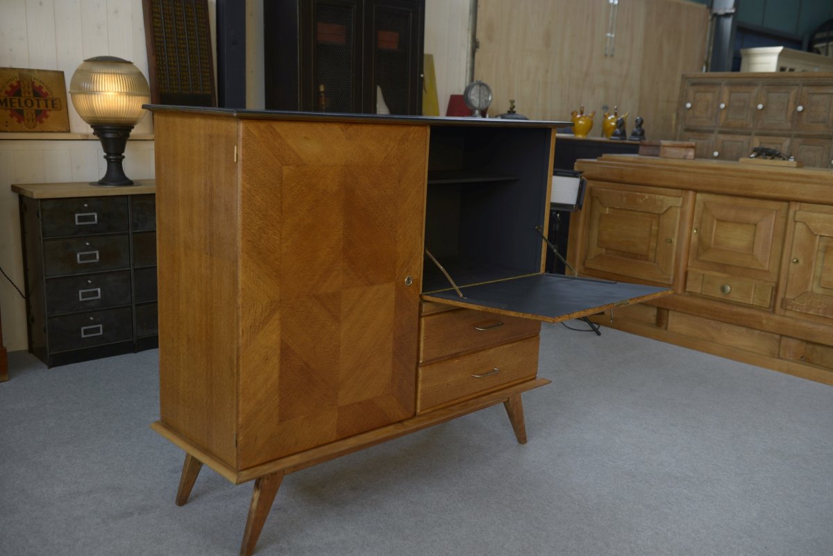 Buffet secrétaire en chêne avec un plateau cuir et pieds compas 1960's-photo-4