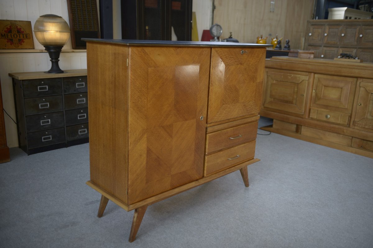 Buffet secrétaire en chêne avec un plateau cuir et pieds compas 1960's-photo-2
