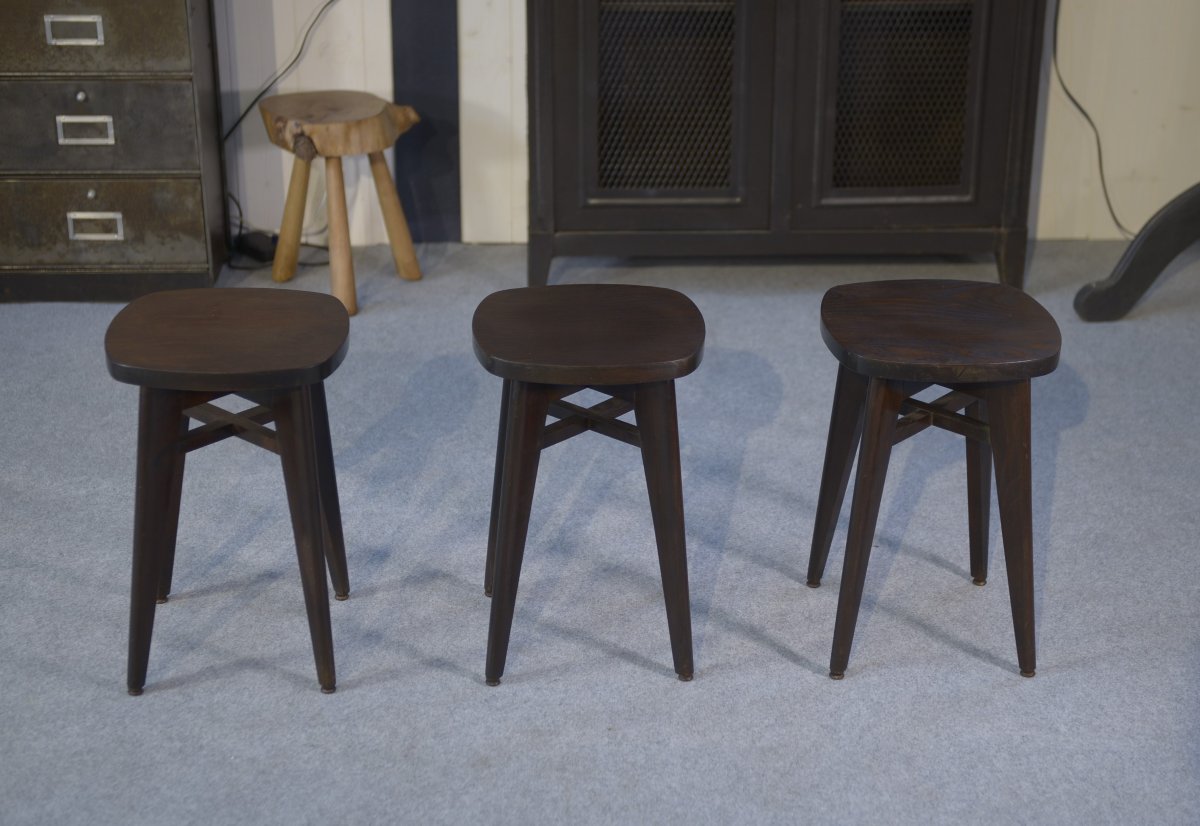 Tabourets design hêtre attribué à Louis Gamet 1950's-photo-2