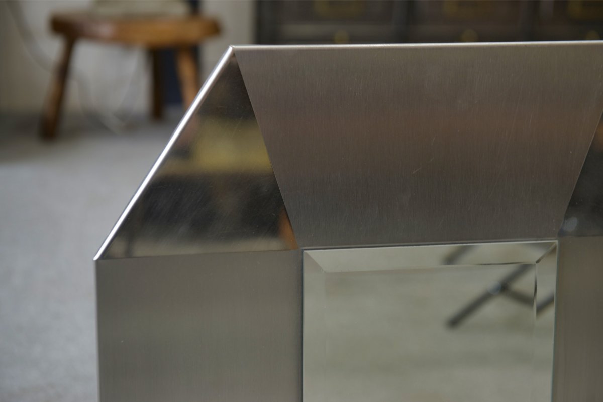 Miroir design en acier inoxydable brossé et chromé, verre biseauté 1970's-photo-3