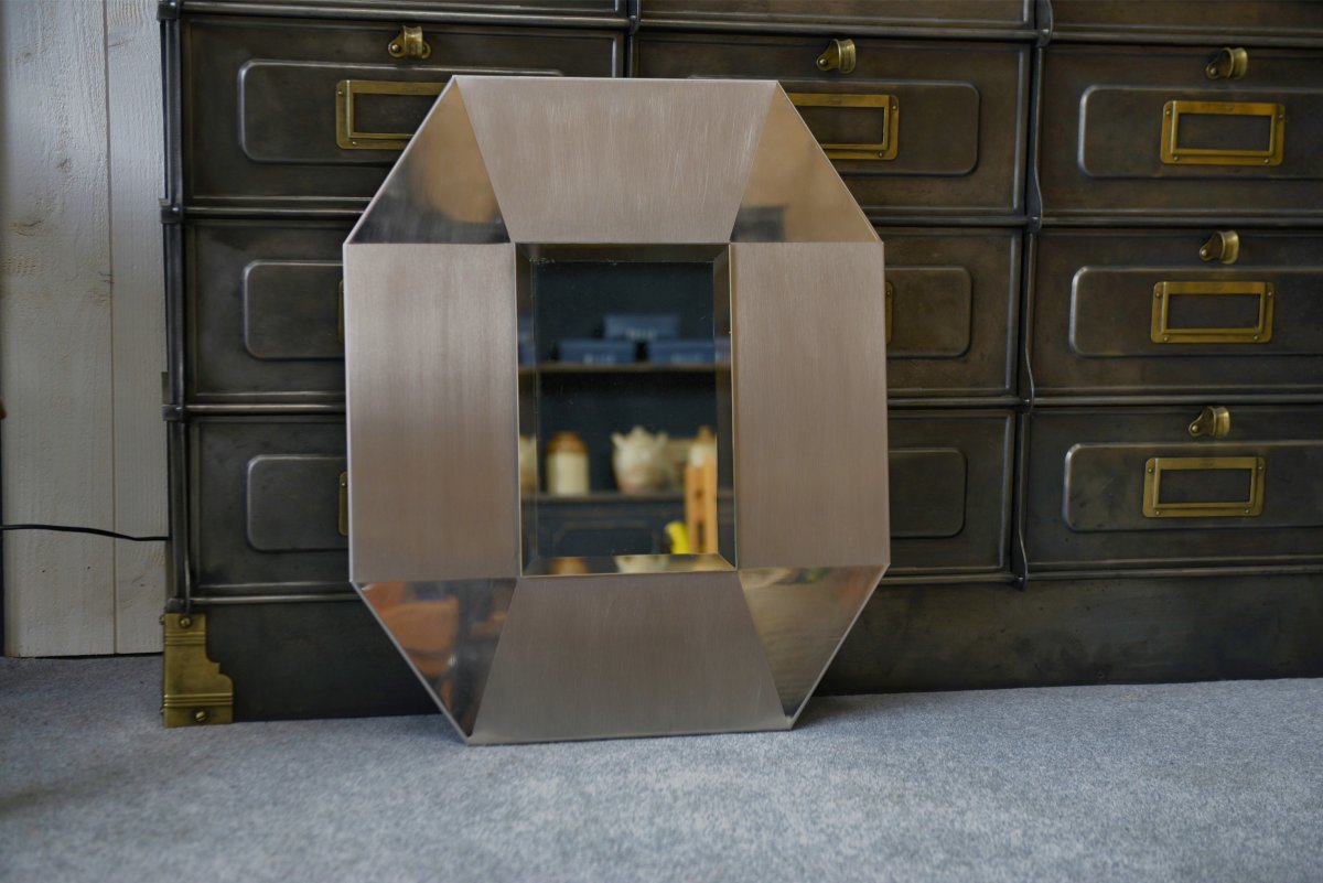 Miroir design en acier inoxydable brossé et chromé, verre biseauté 1970's-photo-4