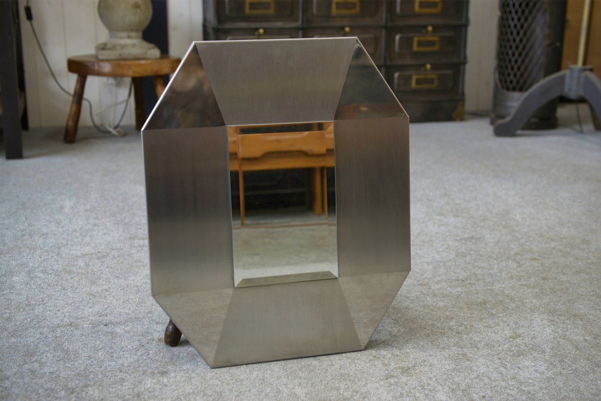 Miroir design en acier inoxydable brossé et chromé, verre biseauté 1970's-photo-2
