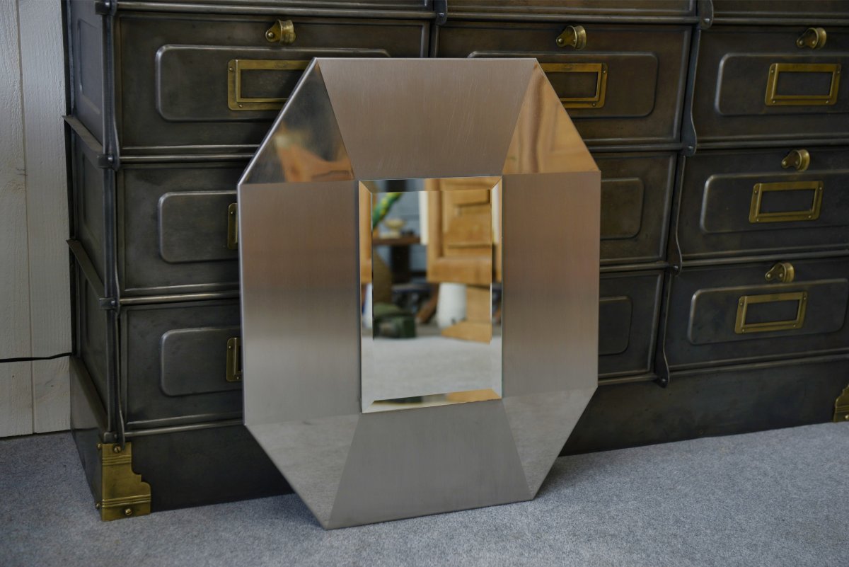 Miroir design en acier inoxydable brossé et chromé, verre biseauté 1970's-photo-3
