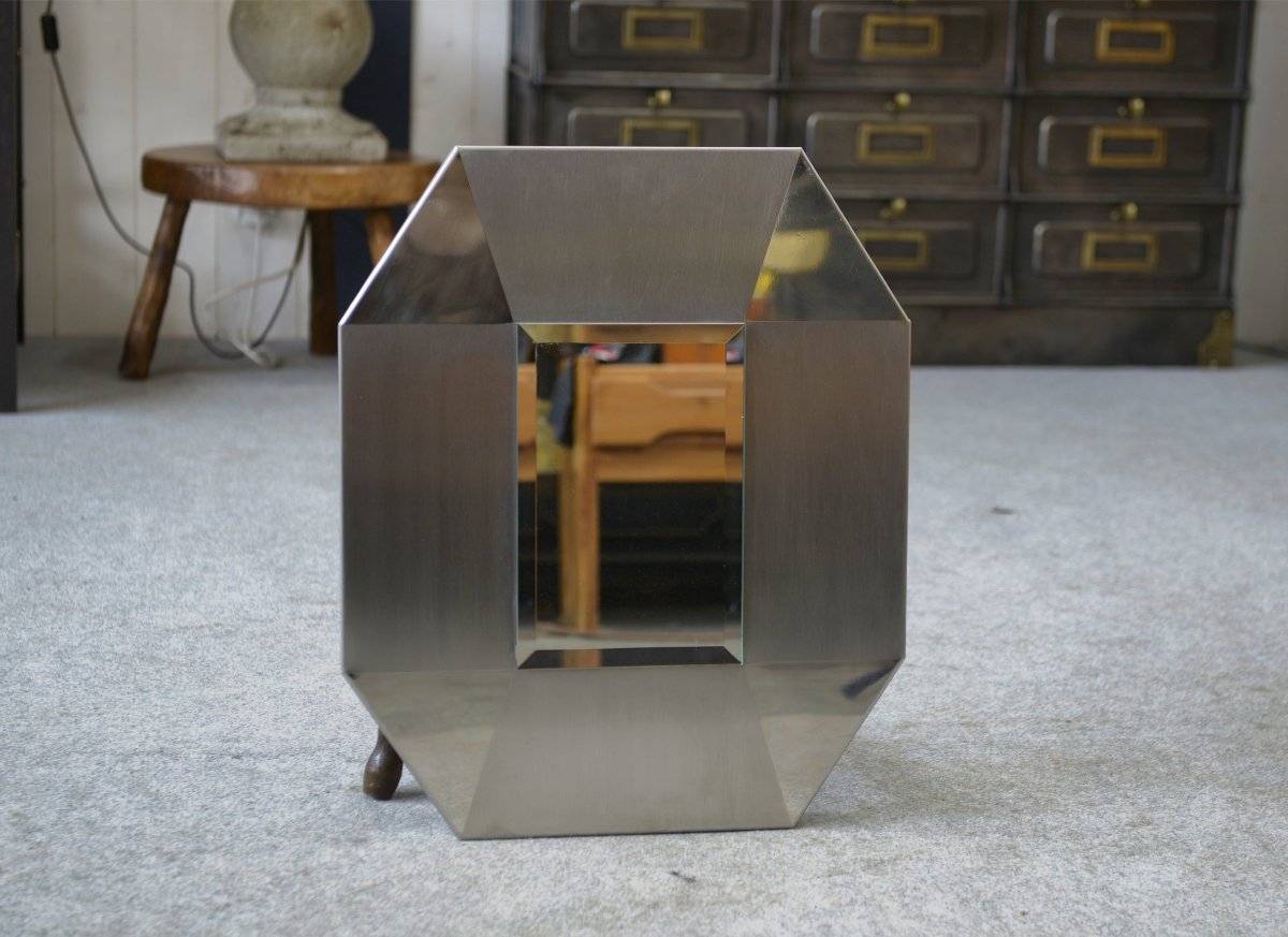 Miroir design en acier inoxydable brossé et chromé, verre biseauté 1970's-photo-4