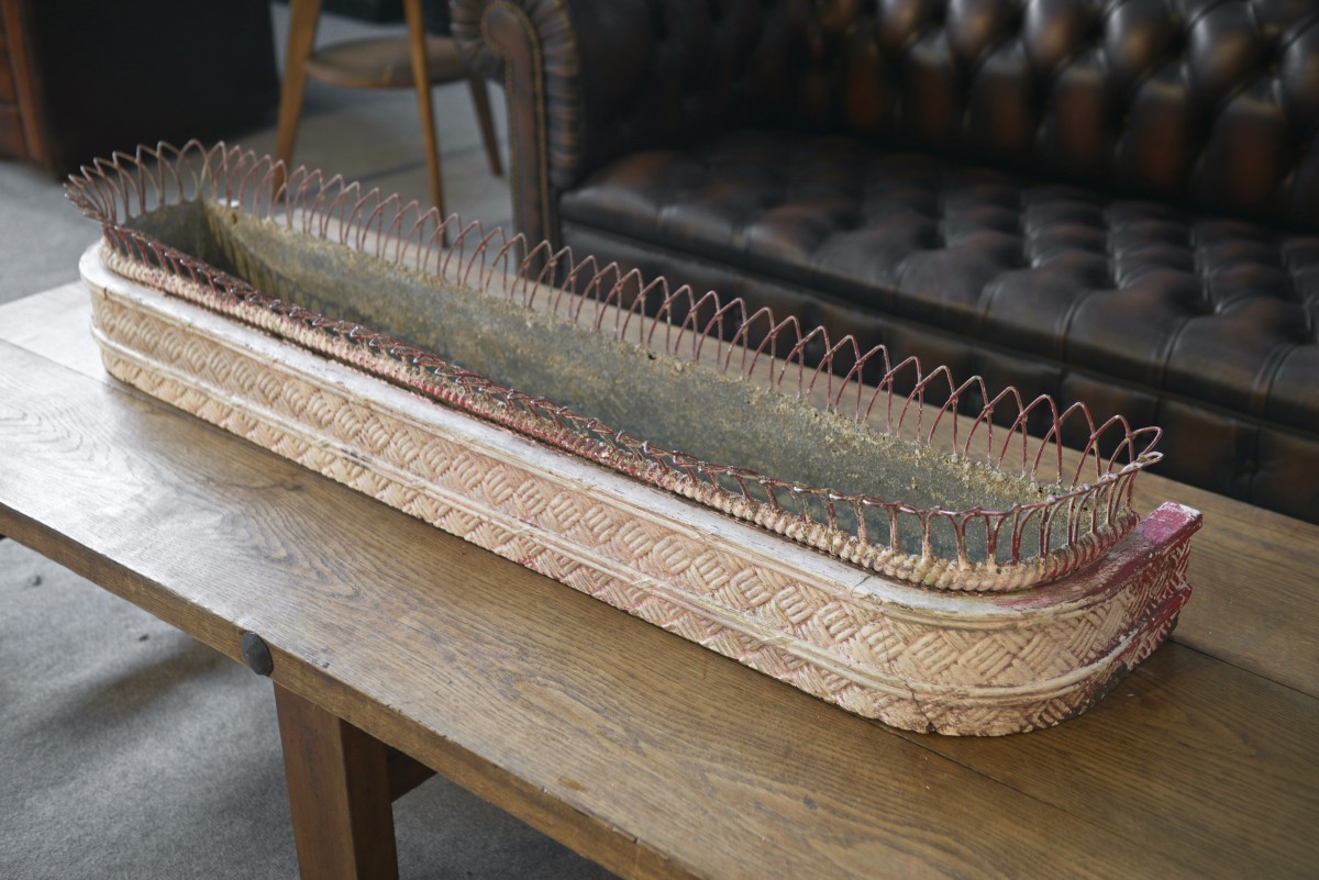 Long Zinc And White Patinated Wood Planter From The Early 20th Century 