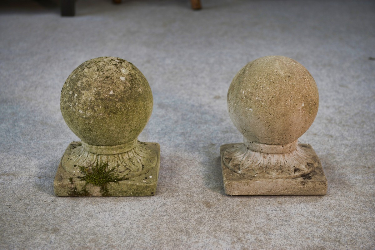 Pair Of Decorative Garden Balls In Reconstituted Stone, France, 1920s