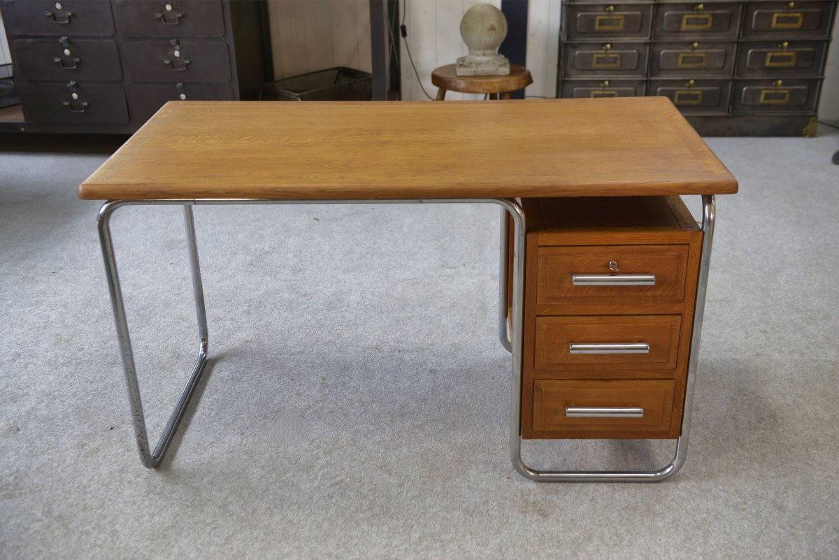 Bauhaus Design Desk In Chrome Tube And Solid Oak By Kovona 1960s-photo-2
