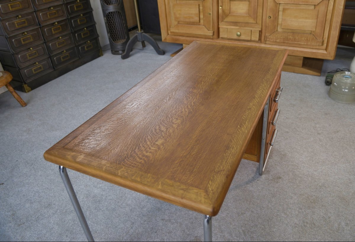 Bauhaus Design Desk In Chrome Tube And Solid Oak By Kovona 1960s-photo-3