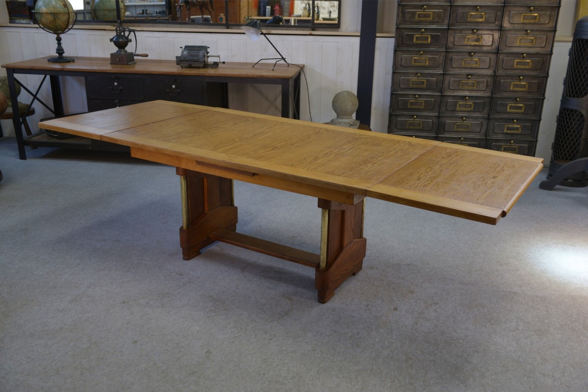 Large Art Deco Solid Oak Table By Henri Bonjour 1930s
