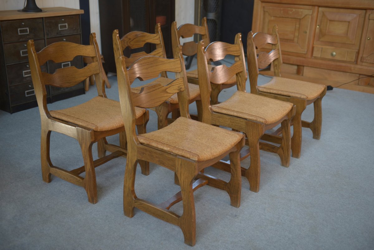Set Of 6 Rush-seated Chairs In The Style Of Guillerme And Chambron, 1950s-photo-3