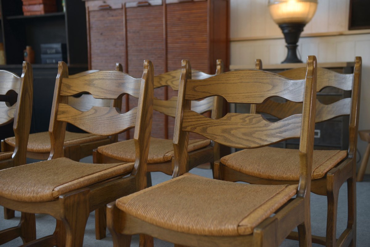 Set Of 6 Rush-seated Chairs In The Style Of Guillerme And Chambron, 1950s-photo-4
