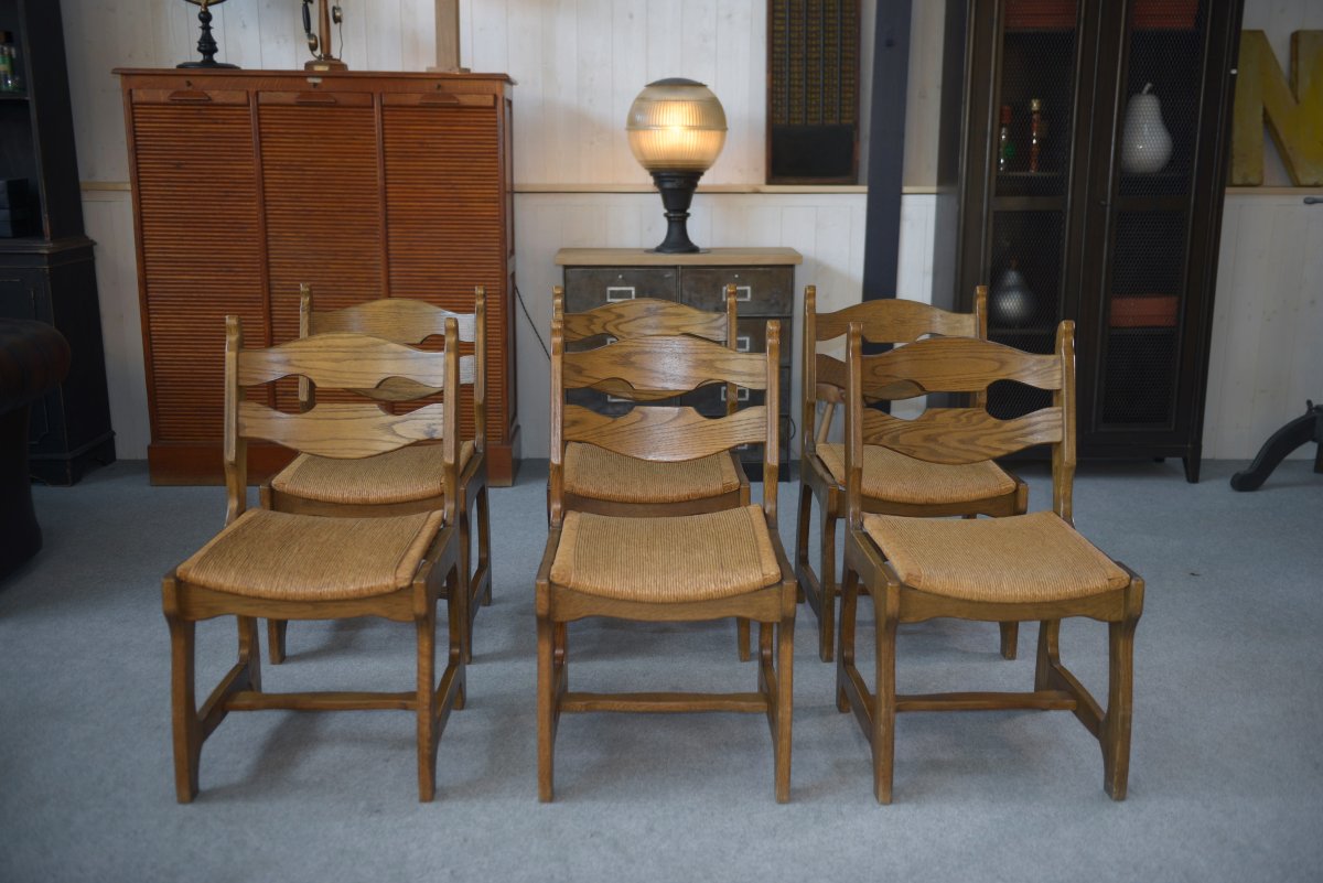 Set Of 6 Rush-seated Chairs In The Style Of Guillerme And Chambron, 1950s-photo-1