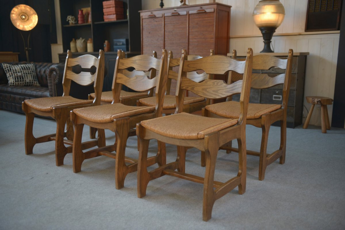 Set Of 6 Rush-seated Chairs In The Style Of Guillerme And Chambron, 1950s-photo-3