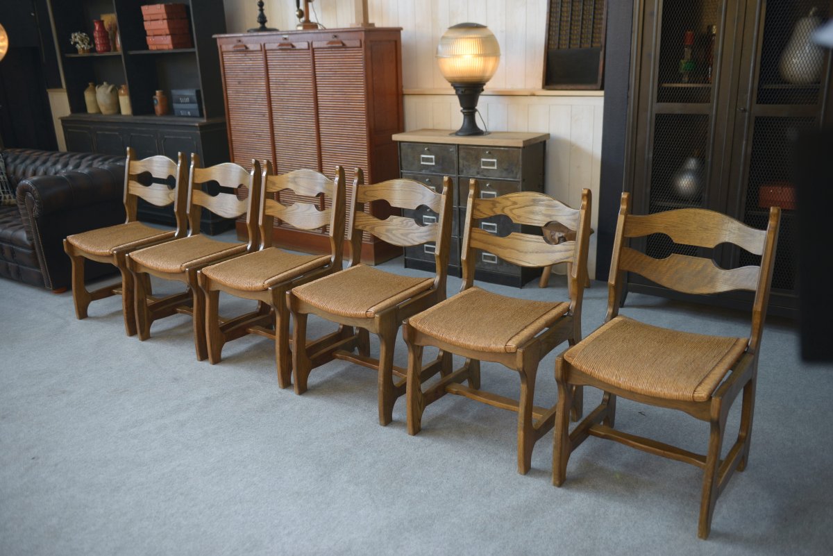 Set Of 6 Rush-seated Chairs In The Style Of Guillerme And Chambron, 1950s-photo-4