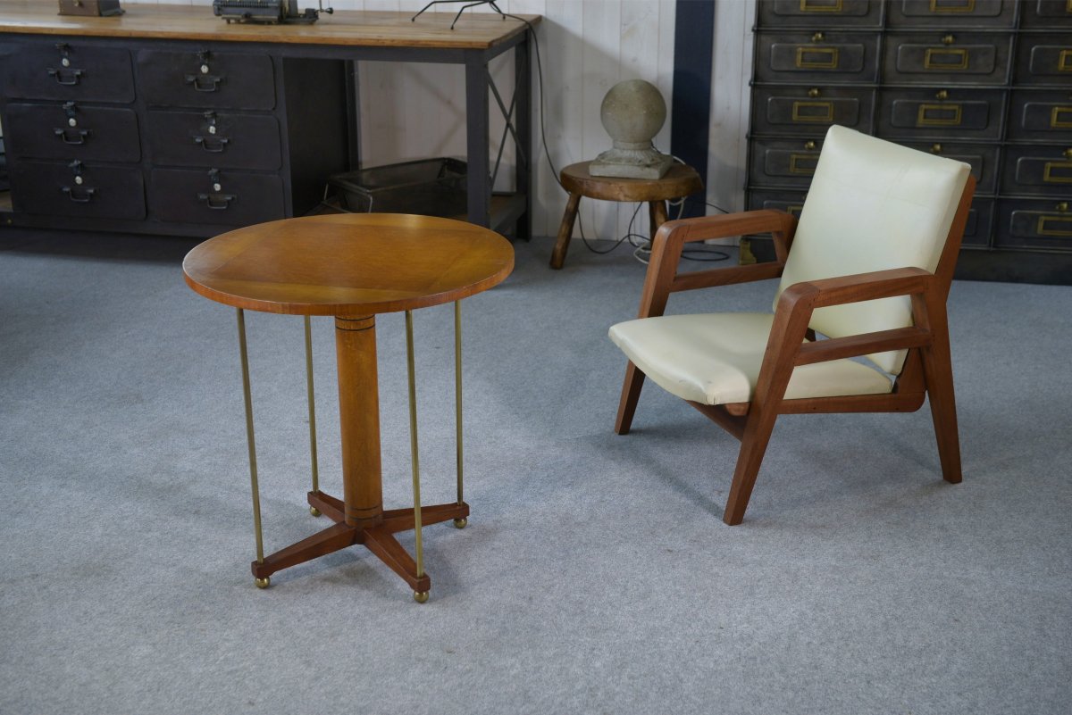 Table d'appoint circulaire en laiton, orme et loupe d'orme 1940's-photo-2