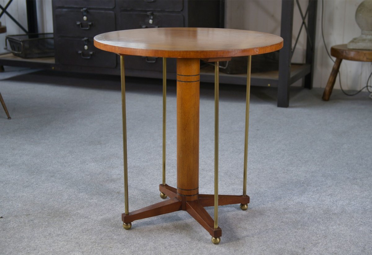 Table d'appoint circulaire en laiton, orme et loupe d'orme 1940's-photo-4