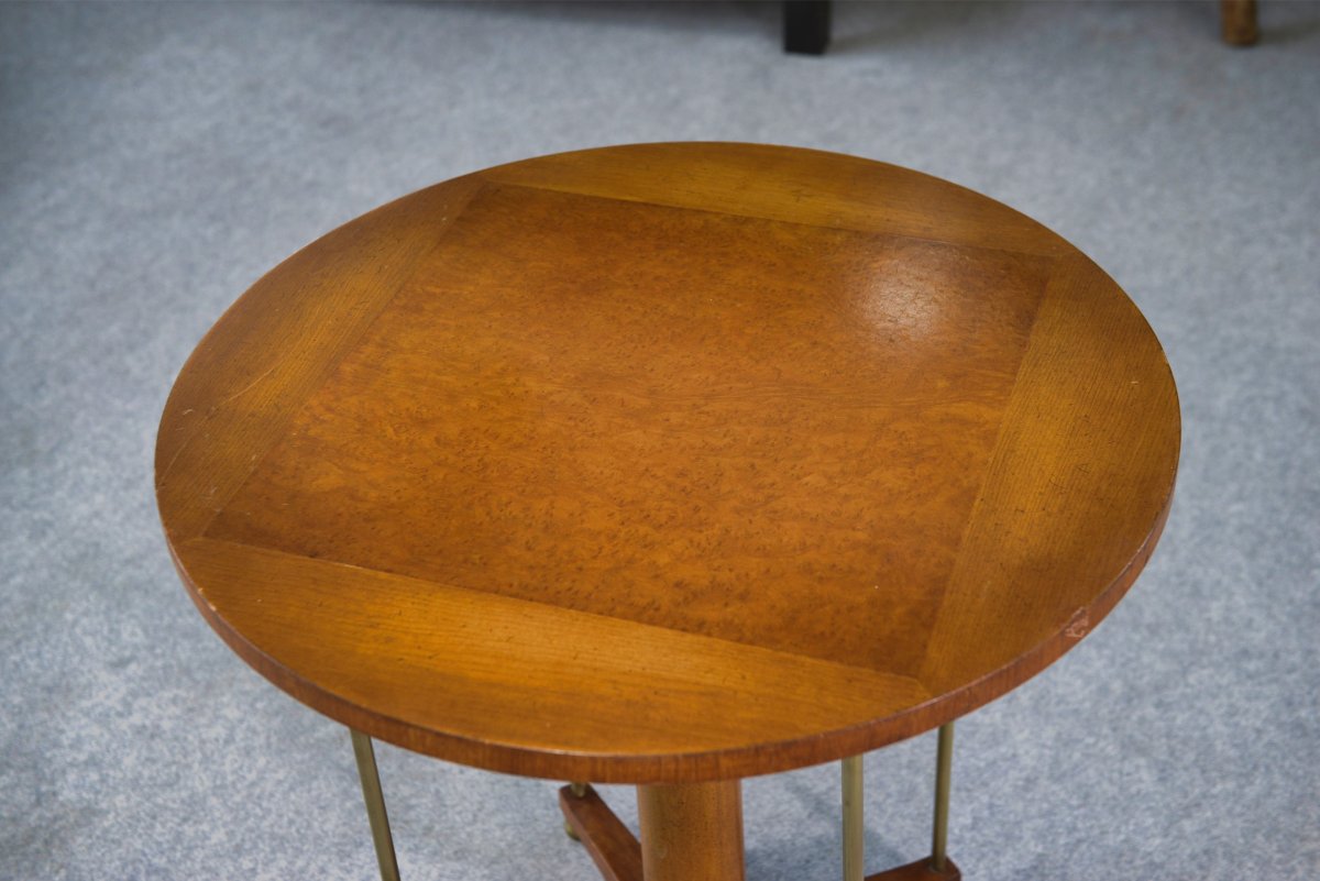 Table d'appoint circulaire en laiton, orme et loupe d'orme 1940's-photo-2