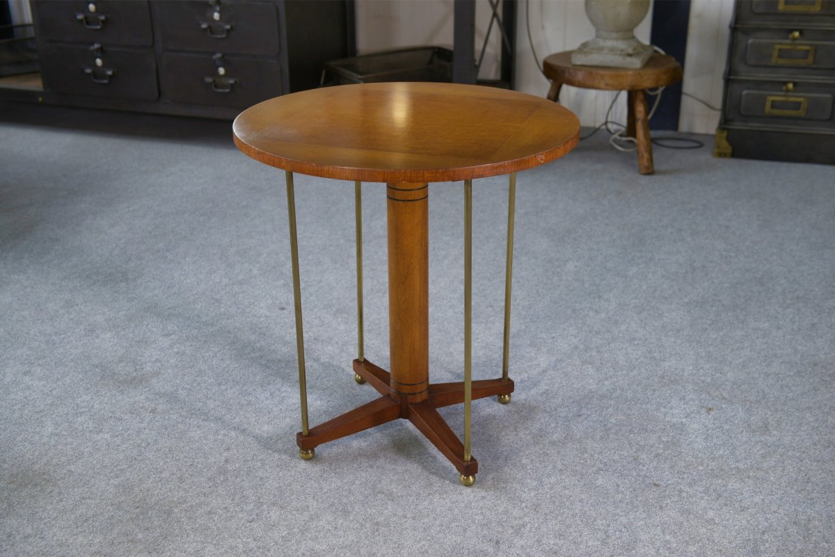 Table d'appoint circulaire en laiton, orme et loupe d'orme 1940's-photo-4