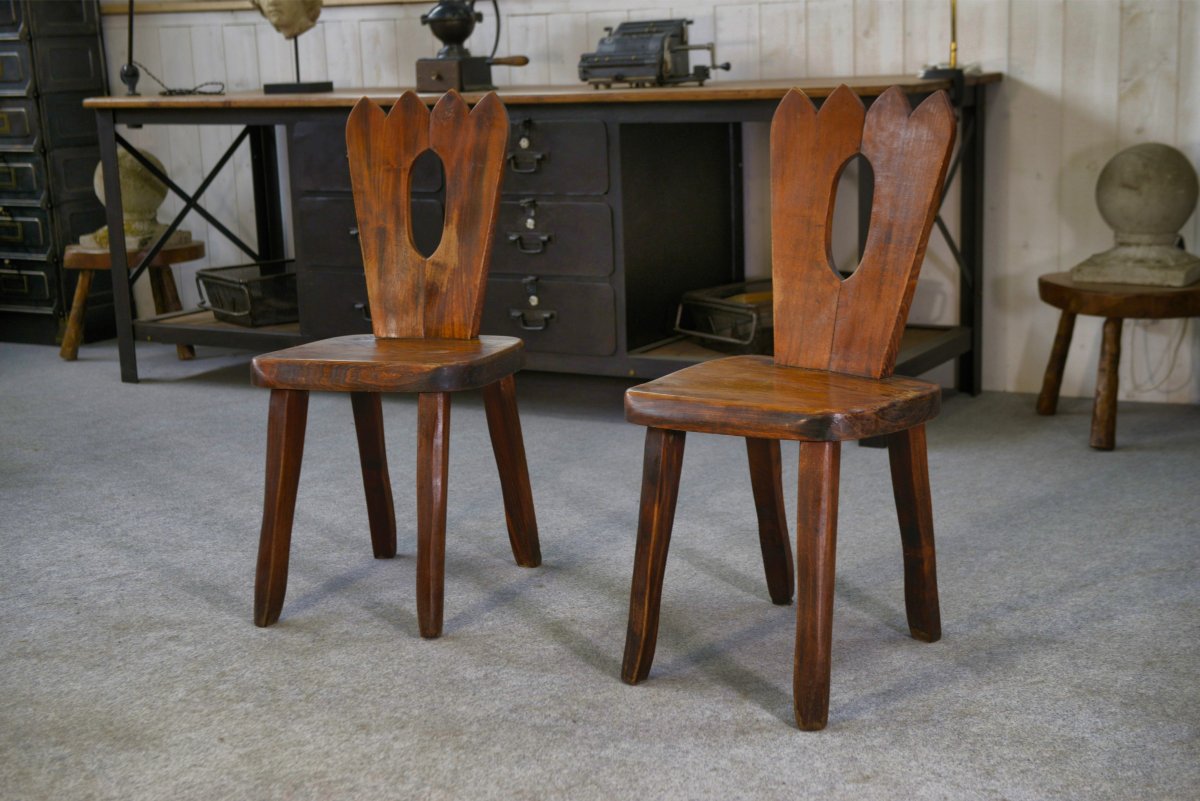Paire de chaises brutalistes en orme massif par Aranjou 1960's-photo-3