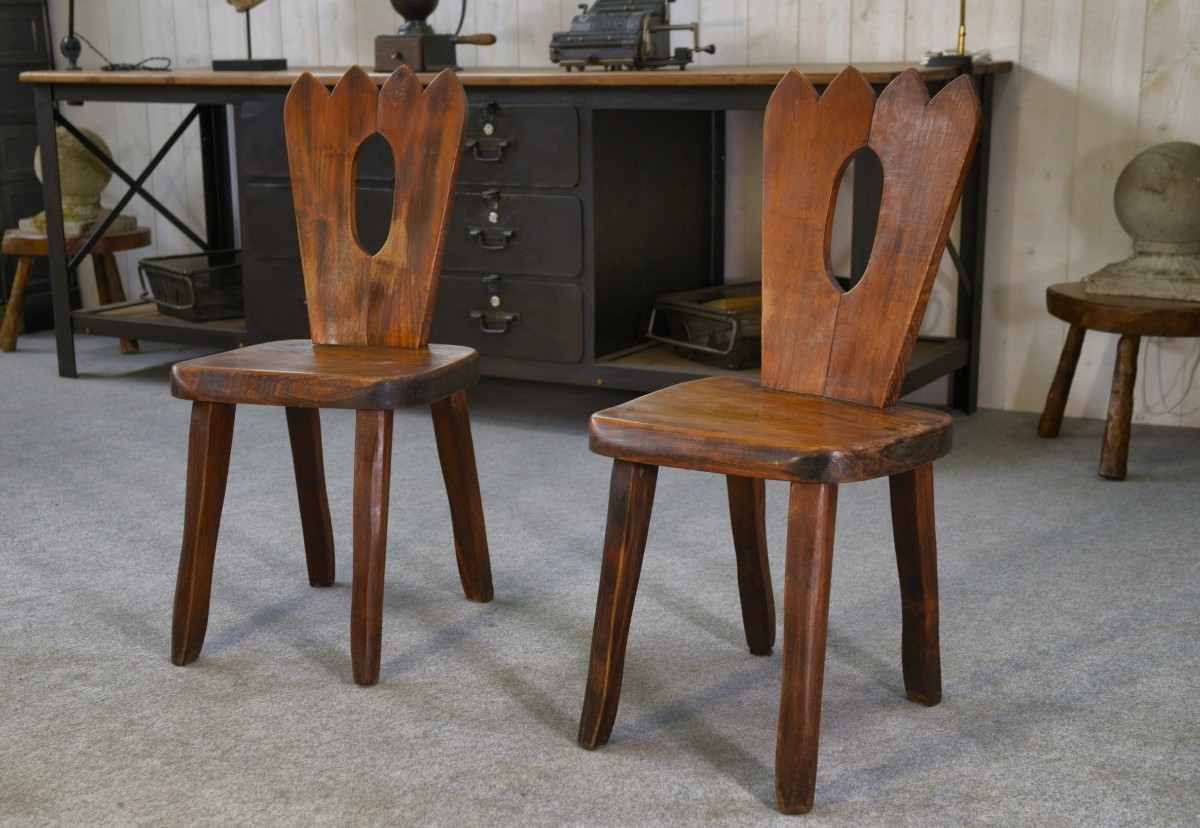 Paire de chaises brutalistes en orme massif par Aranjou 1960's
