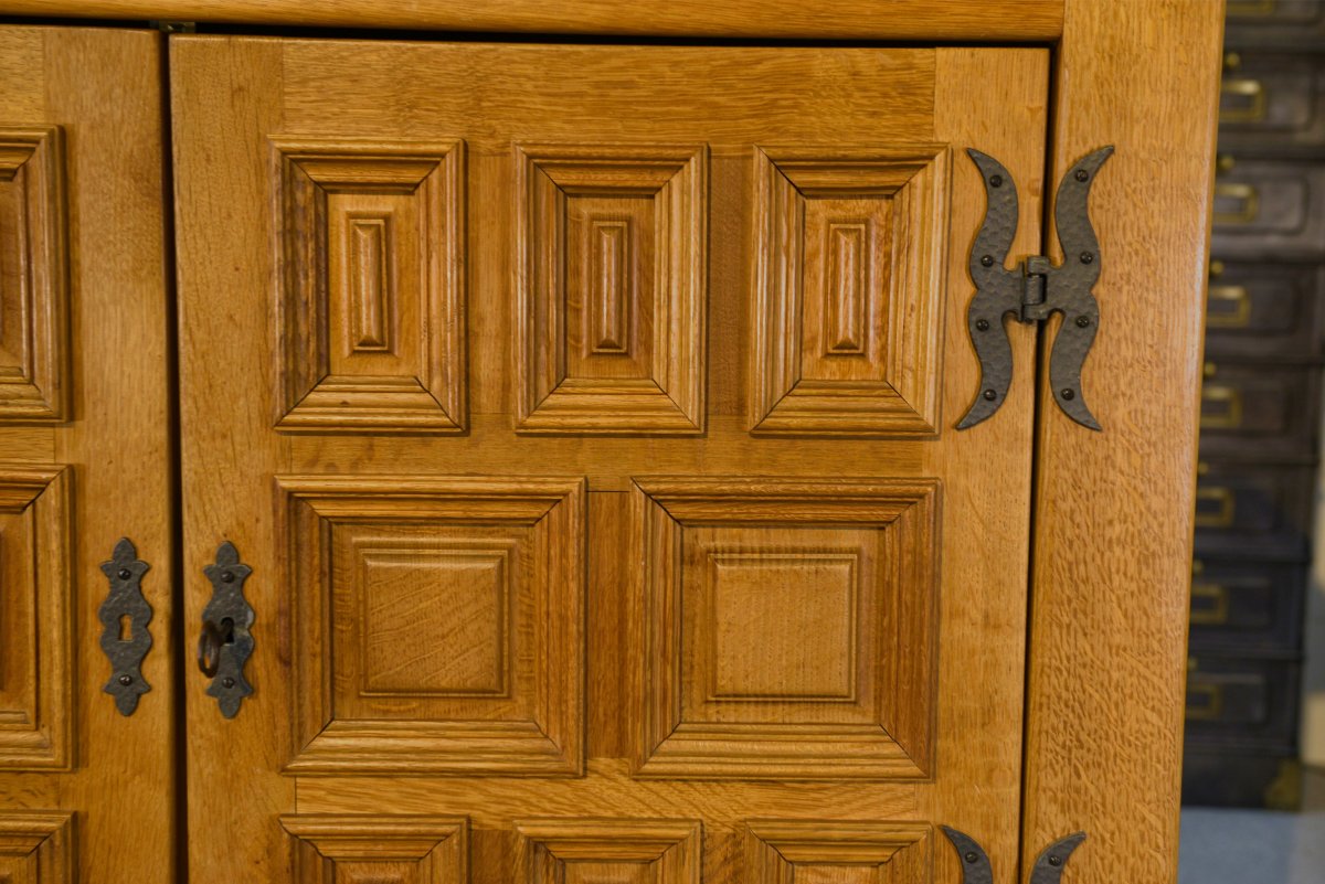 Armoire 2 portes 2 tiroirs en chêne massif et fer forgé style rustique 1960's-photo-3