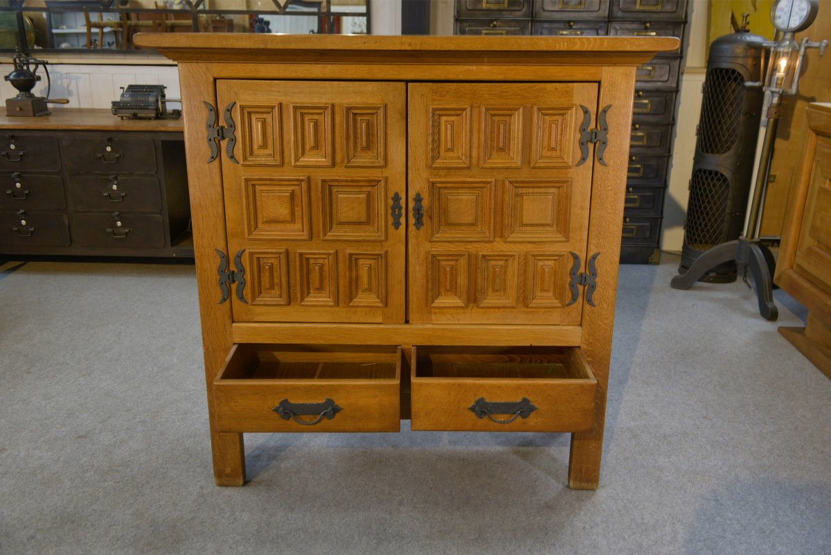 Armoire 2 portes 2 tiroirs en chêne massif et fer forgé style rustique 1960's-photo-4