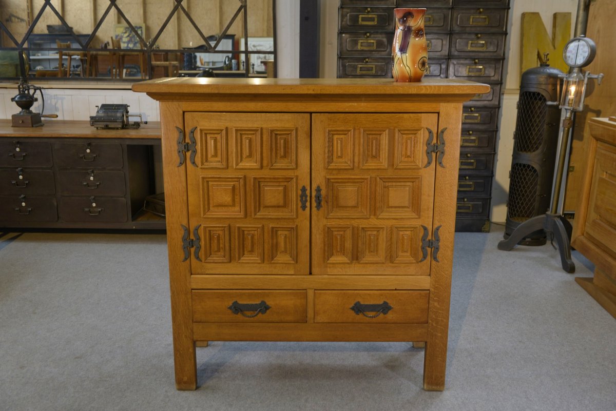 Armoire 2 portes 2 tiroirs en chêne massif et fer forgé style rustique 1960's-photo-3