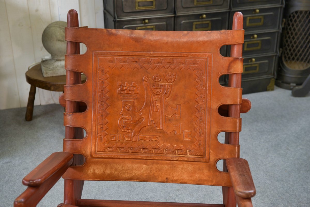 Fauteuil par Angel Pazmino en bois et cuir rouge 1960's-photo-2