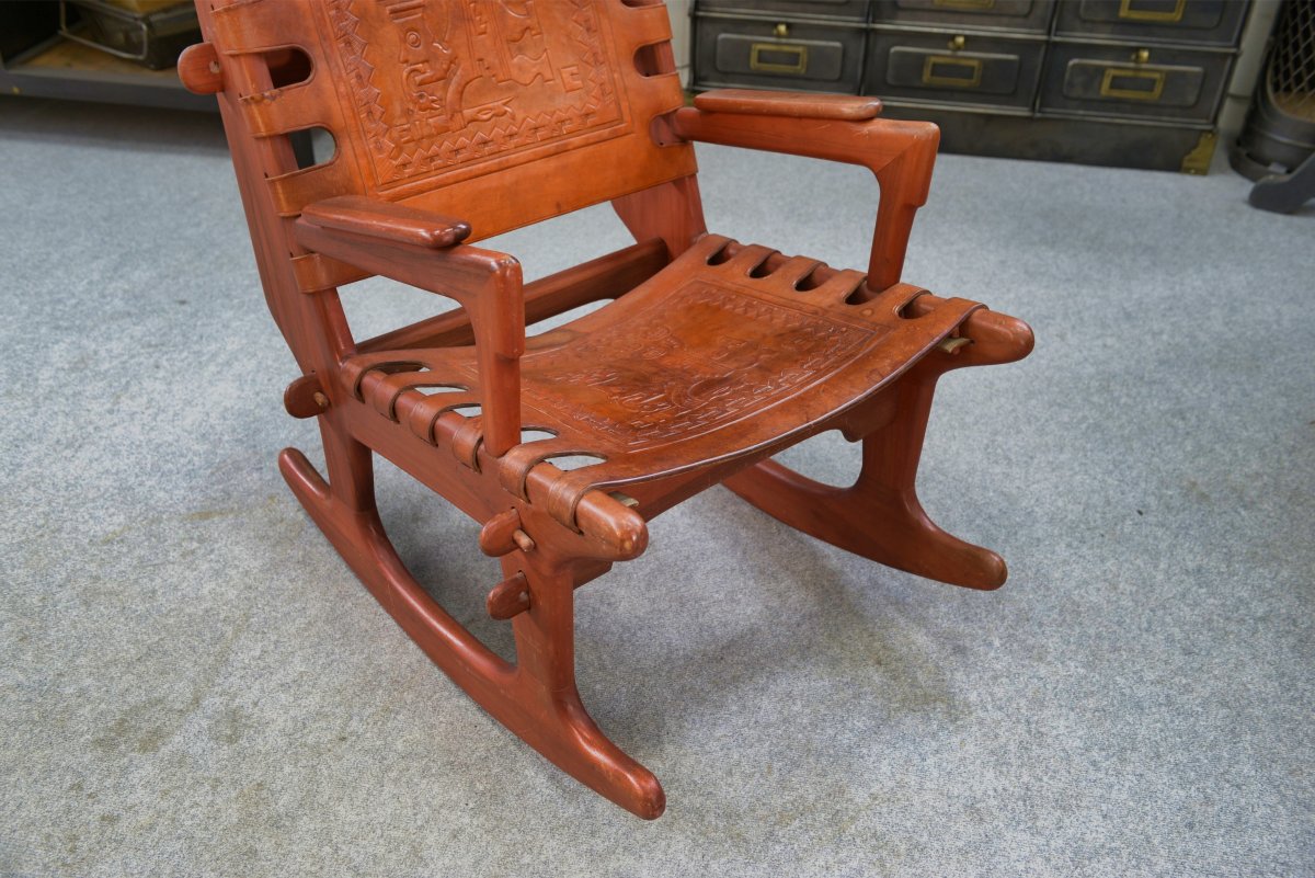 Fauteuil par Angel Pazmino en bois et cuir rouge 1960's-photo-3