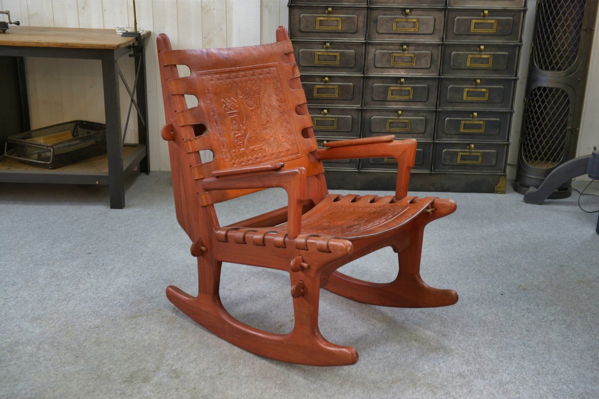 Fauteuil par Angel Pazmino en bois et cuir rouge 1960's-photo-2