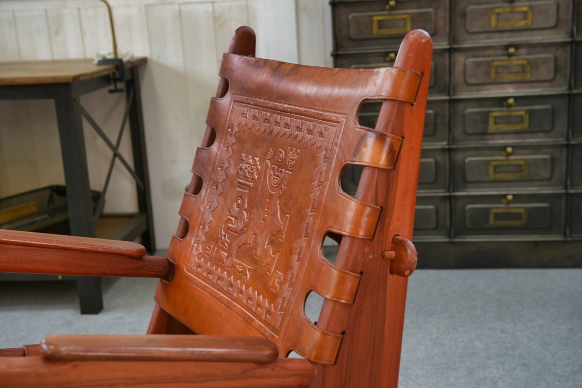 Fauteuil par Angel Pazmino en bois et cuir rouge 1960's-photo-3
