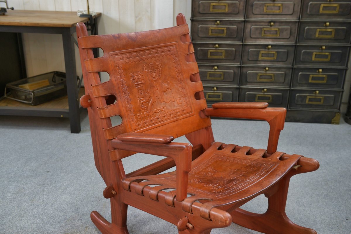 Fauteuil par Angel Pazmino en bois et cuir rouge 1960's-photo-4