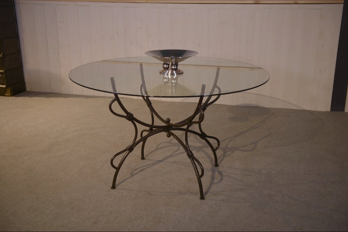 Folding Wrought Iron Table With Glass Top, Indoor/outdoor, 1960s-photo-1
