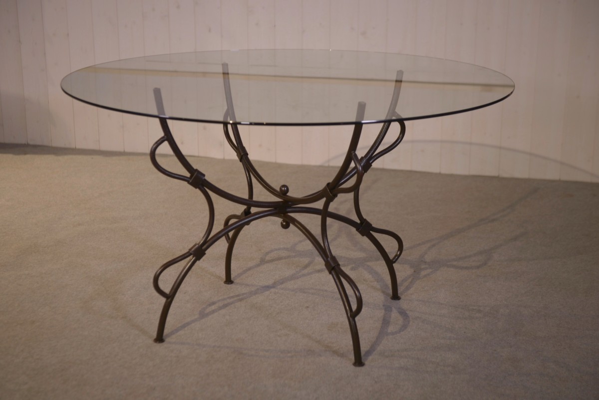 Folding Wrought Iron Table With Glass Top, Indoor/outdoor, 1960s