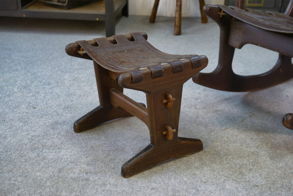 Armchair With Ottoman By Angel Pazmino In Wood And Brown Leather 1960's-photo-2