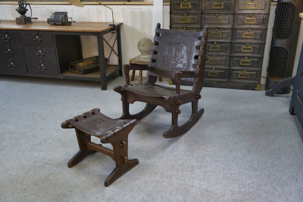 Armchair With Ottoman By Angel Pazmino In Wood And Brown Leather 1960's-photo-4