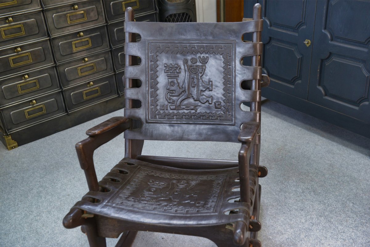 Armchair With Ottoman By Angel Pazmino In Wood And Brown Leather 1960's-photo-2