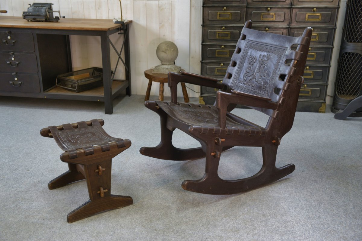 Armchair With Ottoman By Angel Pazmino In Wood And Brown Leather 1960's-photo-5