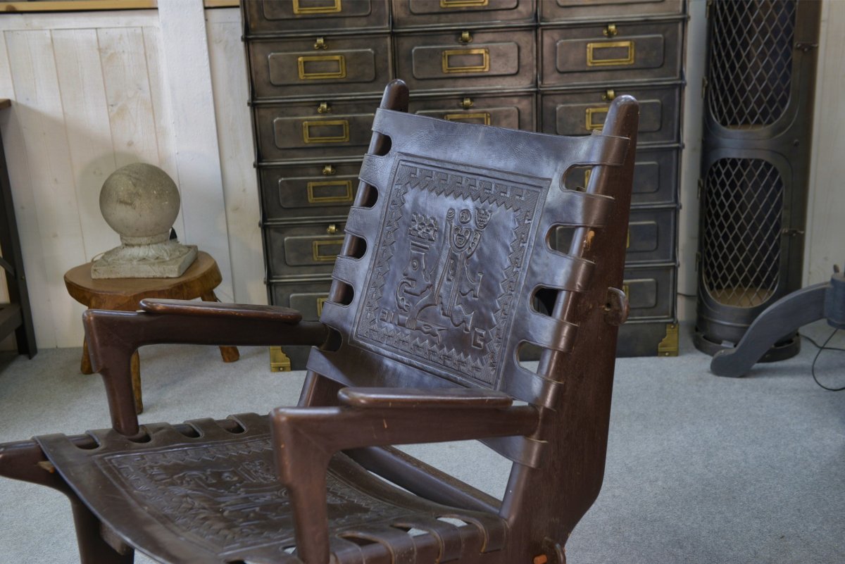 Armchair With Ottoman By Angel Pazmino In Wood And Brown Leather 1960's-photo-7