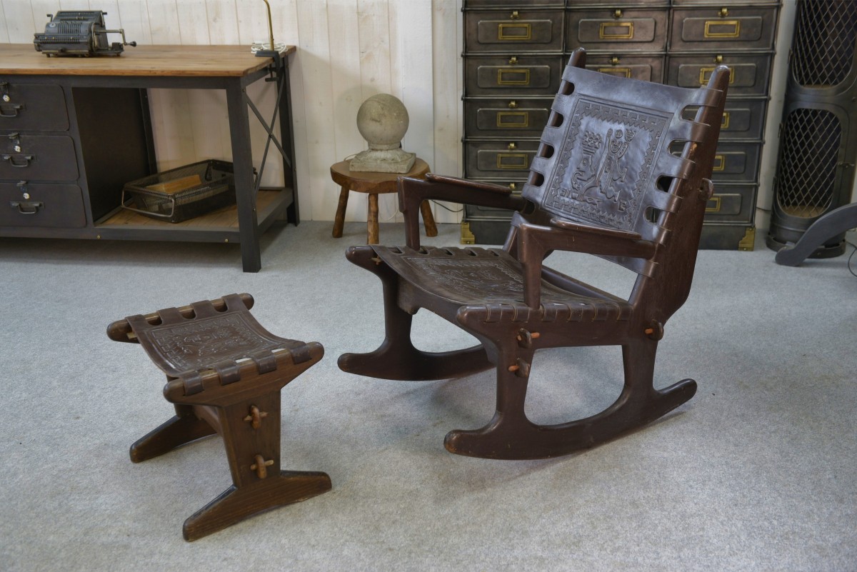 Armchair With Ottoman By Angel Pazmino In Wood And Brown Leather 1960's