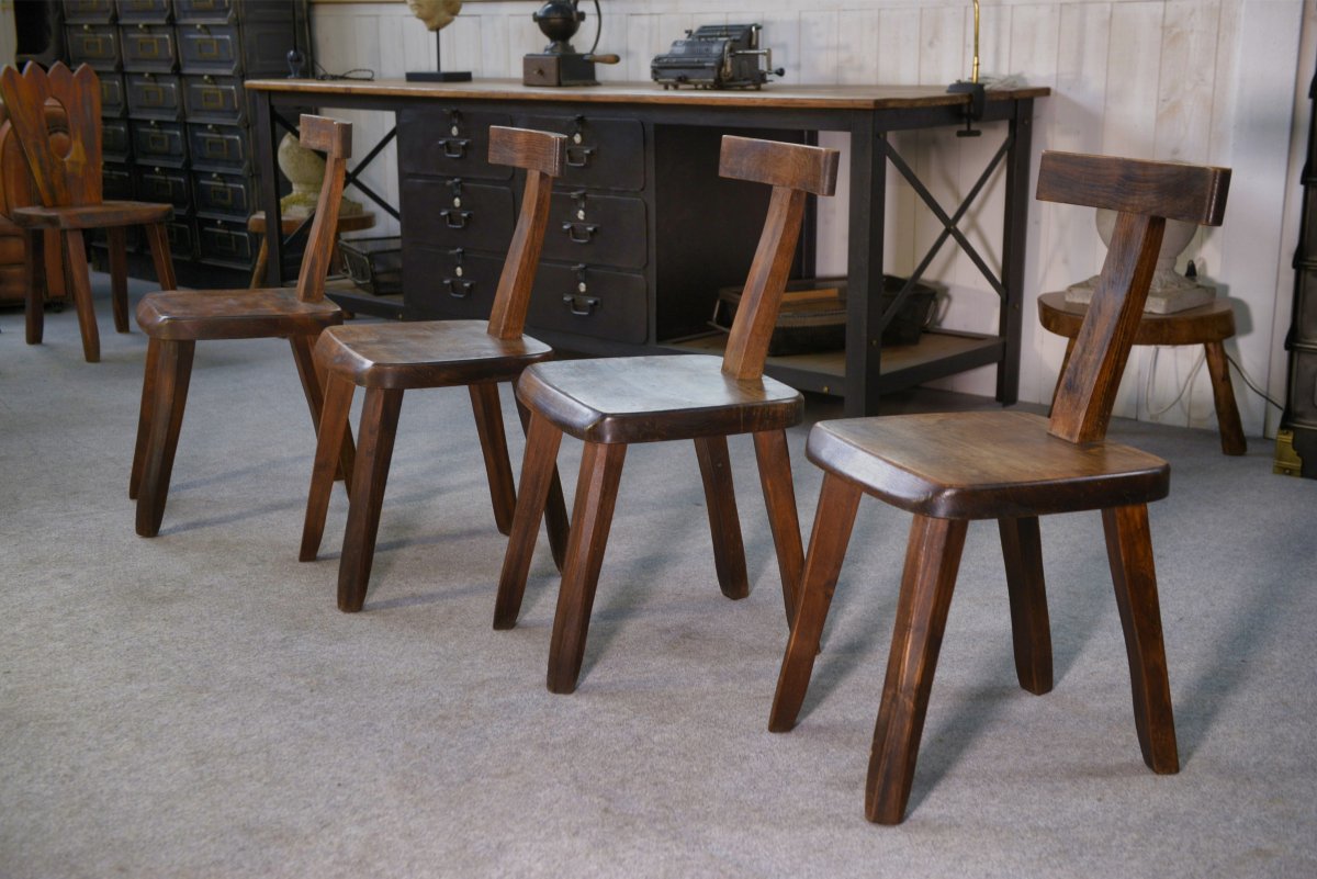 Ensemble de 4 chaises T brutalistes en orme massif par Aranjou 1960's-photo-5
