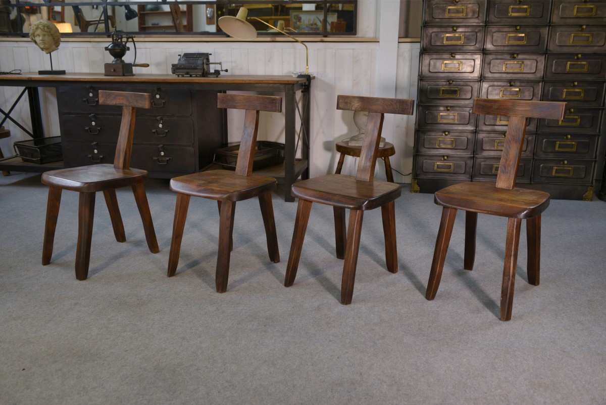 Ensemble de 4 chaises T brutalistes en orme massif par Aranjou 1960's